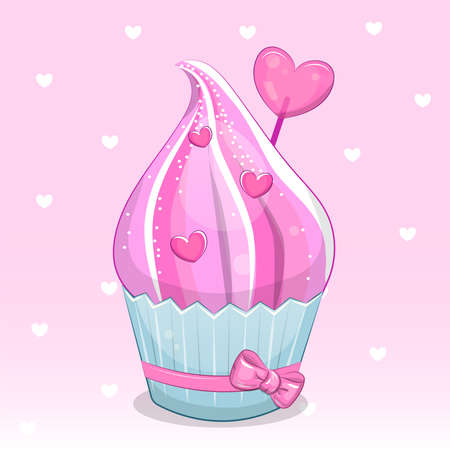 Cute cartoon pink cupcake with hearts. Vector illustration of food on a pink background with hearts.のイラスト素材