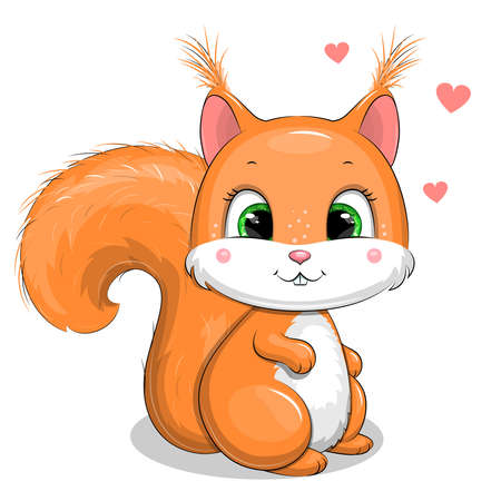 Cute cartoon red squirrel and hearts. Vector illustration isolated on white.のイラスト素材