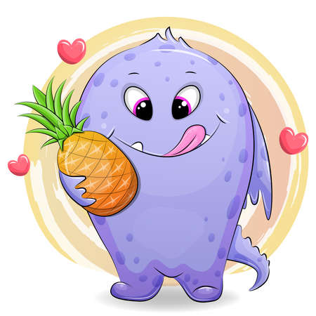Cute cartoon monster holding pineapple.のイラスト素材