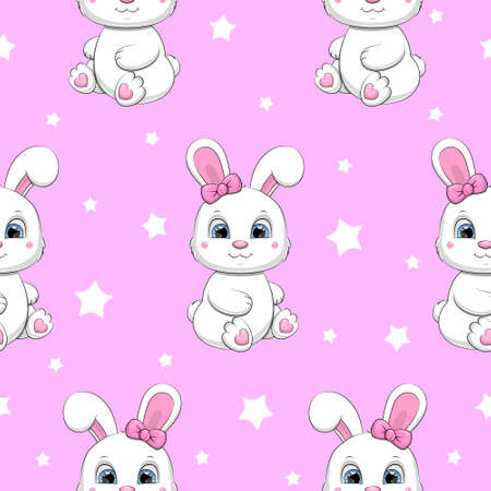 Seamless pattern of cute cartoon white rabbits. Vector illustration of animal on pink background with white stars.のイラスト素材