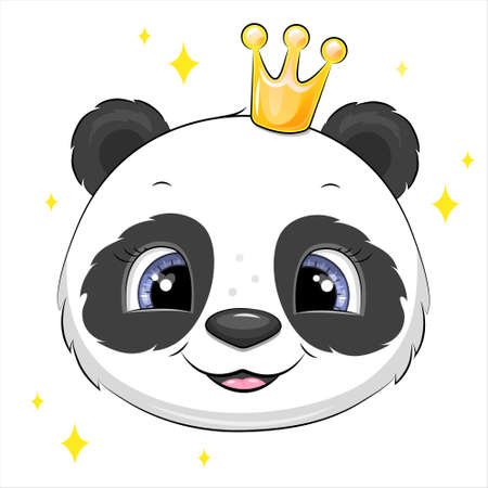 Cute cartoon panda head with crown. Vector illustration of animal on white background with stars.のイラスト素材