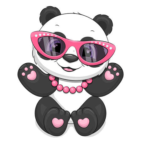 Cute cartoon panda girl with pink glasses and necklace. Vector illustration of animal isolated on white.のイラスト素材