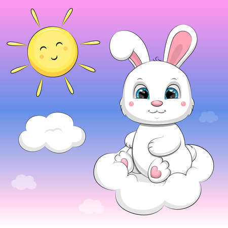 Cute cartoon white rabbit on a cloud in the sky. Vector illustration of an animal.のイラスト素材