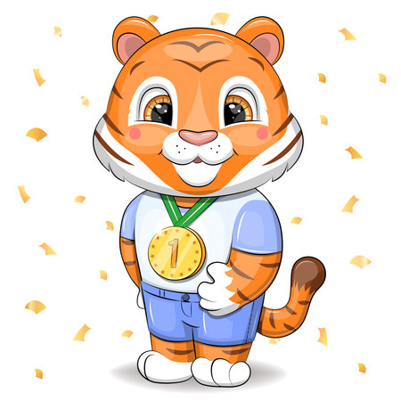 Cute cartoon tiger with a golden medal. Vector illustration of a winner isolated on white.のイラスト素材