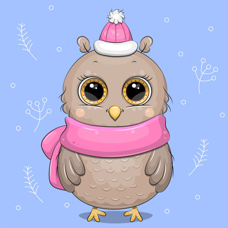 Cute cartoon winter owl in pink scarf and hat. Vector illustration of animal on blue background.のイラスト素材
