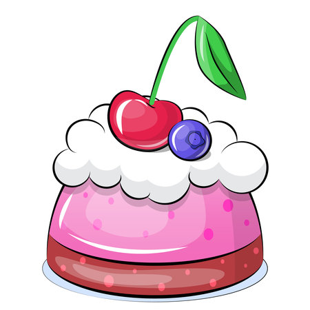 Cute cartoon dessert with cherry and blueberry and whipped cream. Vector illustration isolated on white.のイラスト素材