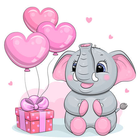 Cute cartoon baby elephant with pink gift and balloons. Vector illstration on white background.のイラスト素材