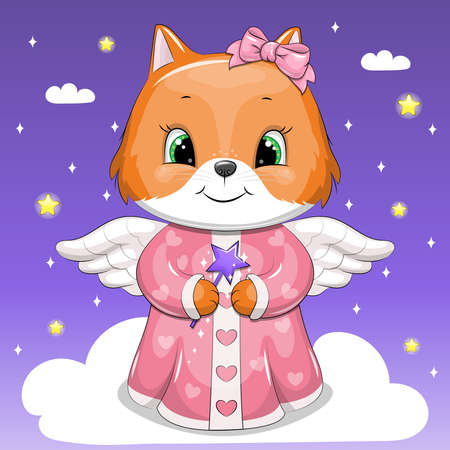 Cute cartoon fox angel in pink. Vector illustration of an animal on a blue background with stars and clouds.のイラスト素材