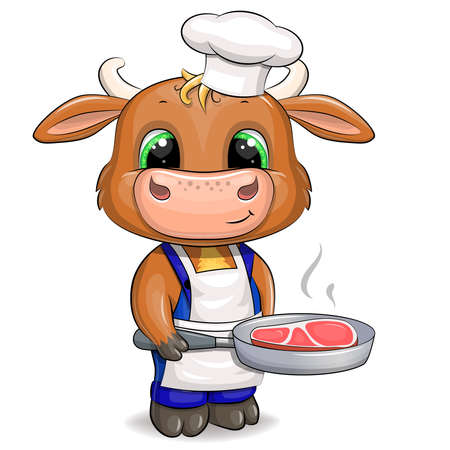 A cute chef bull in a chef hat and apron holds a frying pan with a steak. Vector illustration of an animal isolated on white.のイラスト素材
