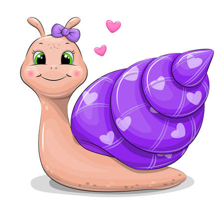Cute cartoon snail with a purple shell decorated with hearts. Vector animal illustration isolated on white.のイラスト素材
