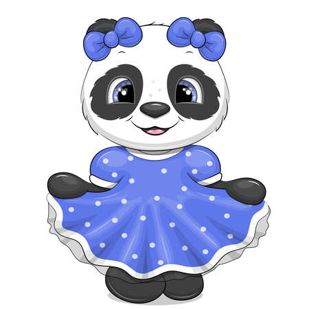 Cute cartoon panda with blue bows and a blue dress.のイラスト素材
