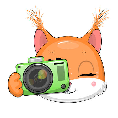 Cute cartoon squirrel with a green camera. Vector animal illustration isolated on white.のイラスト素材