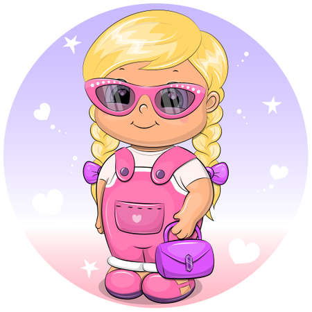 Cute cartoon girl in pink jumpsuit, glasses and purple bag. Vector illustration of beauty on purple background with hearts and stars.のイラスト素材