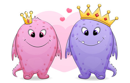 Cartoon monster couple with crowns in love. Cute vector illustration isolated on white background with hearts.のイラスト素材