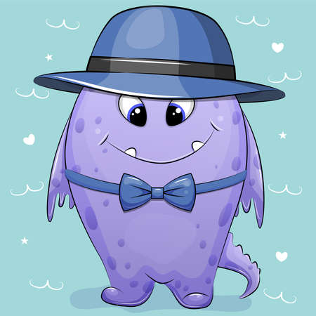 Cute cartoon monster wearing a blue hat and bow tie. Vector illustration on a blue background.のイラスト素材