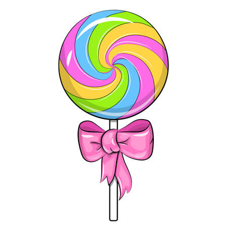 Cartoon sweet lollipop with pink bow. Vector illustration of candy on a white background.のイラスト素材