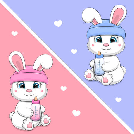 Cute cartoon baby shower card with white rabbits. Vector illustration of the animals on pink and blue background.のイラスト素材