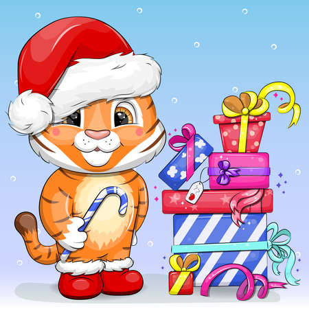 Cute cartoon tiger with santa hat, candy cane and gifts. New Year vector illustration.のイラスト素材
