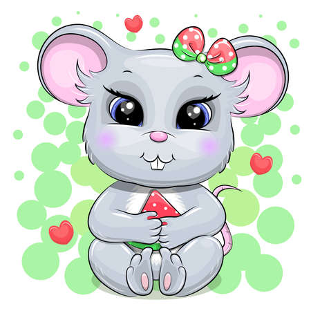 Cute cartoon gray mouse with watermelon. Vector illustration of an animal on a green background with hearts.のイラスト素材