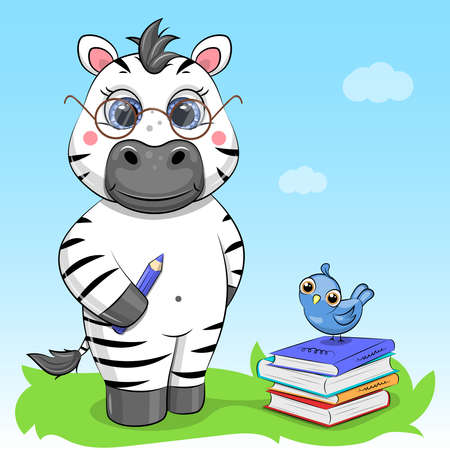 Cute cartoon zebra with pencil and books. Vector illustration of an animal on a blue background.のイラスト素材