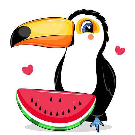 Cute cartoon toucan with watermelon. Summer vector illustration on white background with two hearts.のイラスト素材