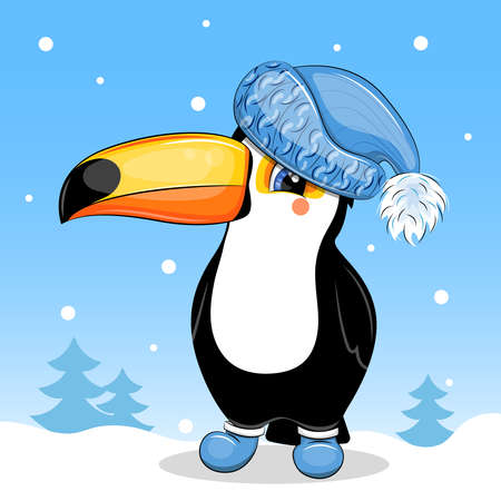 Cute cartoon toucan in a blue hat and boots. Winter bird vector illustration on blue background with snow and trees.のイラスト素材