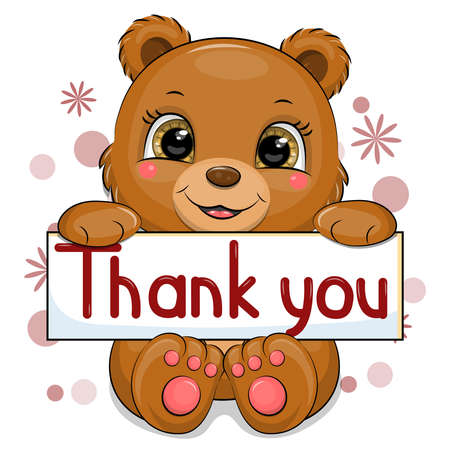 Cute cartoon brown bear with thank you banner. Vector illustration of animals on white background with flowers and dots.のイラスト素材