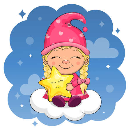 Cute cartoon gnome in pink holds star. Night vector illustration of a girl on a cloud on a blue background with stars and clouds.のイラスト素材