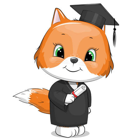 Happy fox in a graduation dress and a cap. Cute cartoon vector illustration on white background.のイラスト素材