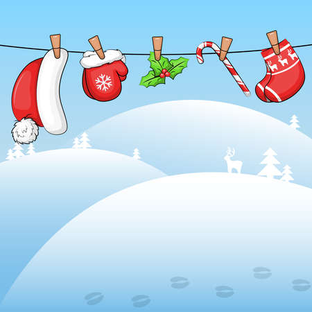 Cute cartoon Santa clothes, candy cane and holly. Winter vector illustration on blue background.のイラスト素材