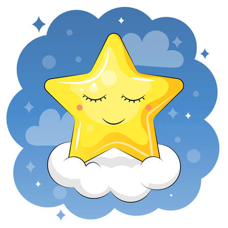 A cute cartoon star is sleeping on a cloud. Vector illustration on a blue background.のイラスト素材