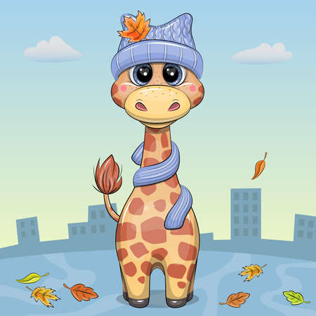 Cute cartoon giraffe in a blue hat and scarf. Autumn vector on a blue background.のイラスト素材