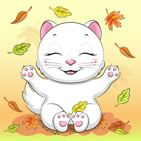 Cute cartoon happy white cat with autumn leaves. Vector illustration of an animal.のイラスト素材