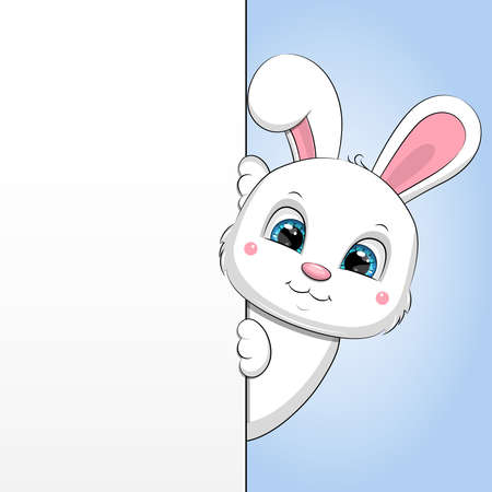 Banner with cute cartoon white rabbit. Vector with an animal showing something.のイラスト素材