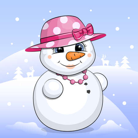 Cute cartoon snowman in a pink hat and necklace. Winter vector illustration with snow.のイラスト素材