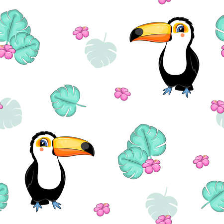 Seamless pattern with toucan, tropical leaves and flowers. Vector illustration isolated on white background.のイラスト素材