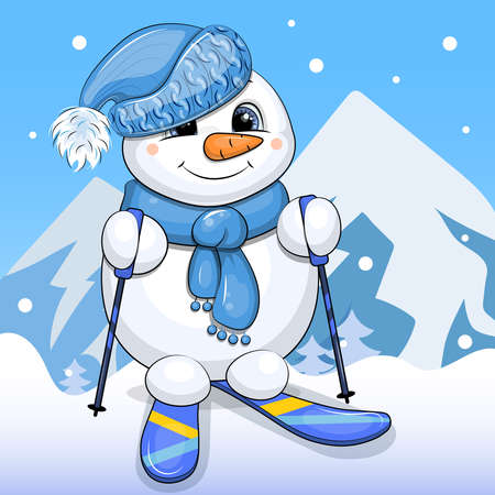 Cute cartoon snowman with hat, scarf and skis. Winter vector illustration with snow and mountains on a blue background.のイラスト素材