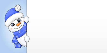 Banner with cute cartoon snowman in blue hat and scarf. Snowman showing something.のイラスト素材