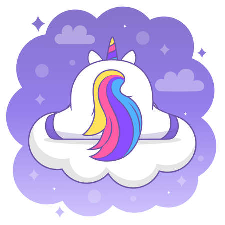 Cute cartoon unicorn on a cloud. Vector animals on a lilac background.のイラスト素材