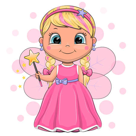 Cute cartoon fairy girl in a pink dress holding a magic wand. Vector illustration isolated on white background with pink circles.のイラスト素材
