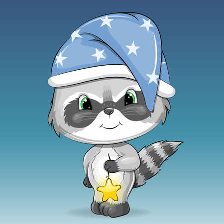 Cute cartoon baby raccoon in the night hat with stars. Vector illustration of animal on the blue background.のイラスト素材