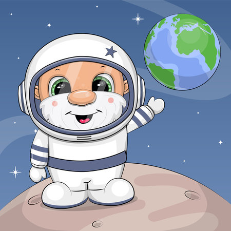Cute cartoon astronaut shows the Earth. Vector illustration on a blue background.のイラスト素材