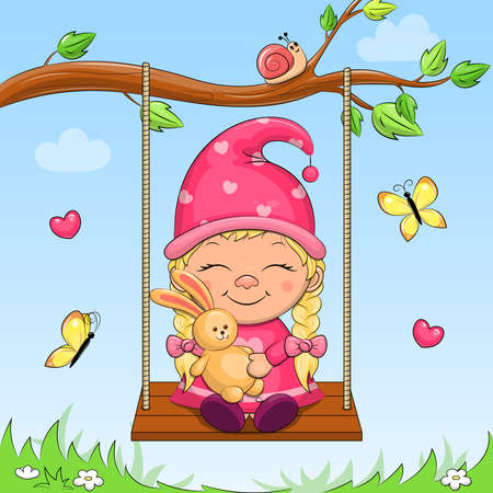 Cute cartoon gnome on a swing. Vector illustration of a girl outdoors in nature.のイラスト素材