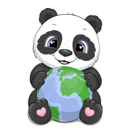 A cute cartoon panda holding a globe. Vector illustration of an animal on a white background.のイラスト素材