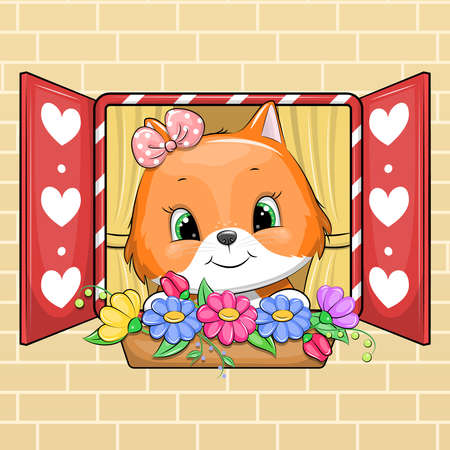 Cartoon window with cute fox and flowers. animal vector illustration.のイラスト素材