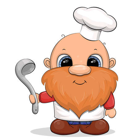 Cute cartoon man in a chef hat holds a kitchen spoon. Vector illustration on white background.のイラスト素材