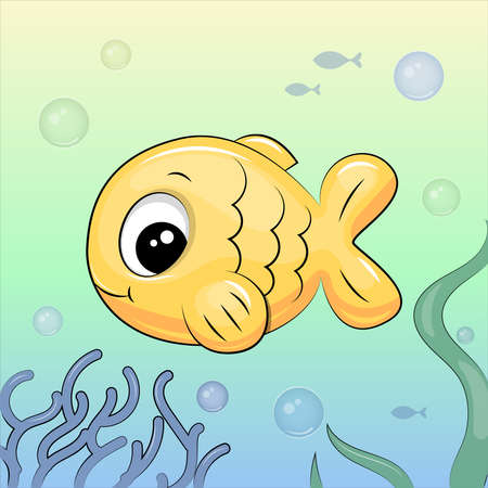 Cute cartoon yellow fish. Underwater vector illustration with bubbles and seaweeds.のイラスト素材