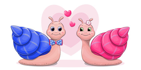 Cute cartoon couple of snails. Vector illustration of animals on a white background with hearts.のイラスト素材