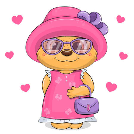 Cute cartoon bear in a pink hat and dress. Vector illustration of an animal on a white background with hearts.のイラスト素材