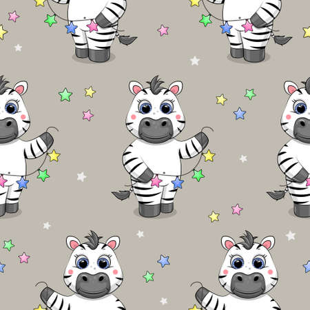 Seamless pattern with zebra and stars. Vector illustration of an animal on a gray background.のイラスト素材